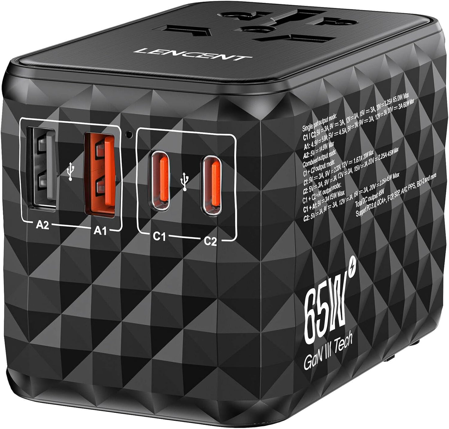 LENCENT 65W Universal Travel Adapter, GaN International Fast Charger 2 USB-A & 2 USB-C Power Plug Converter, Power Outlet Adapter for Phones,Laptops, All in One Travel Essentials for EU/USA/UK/AU