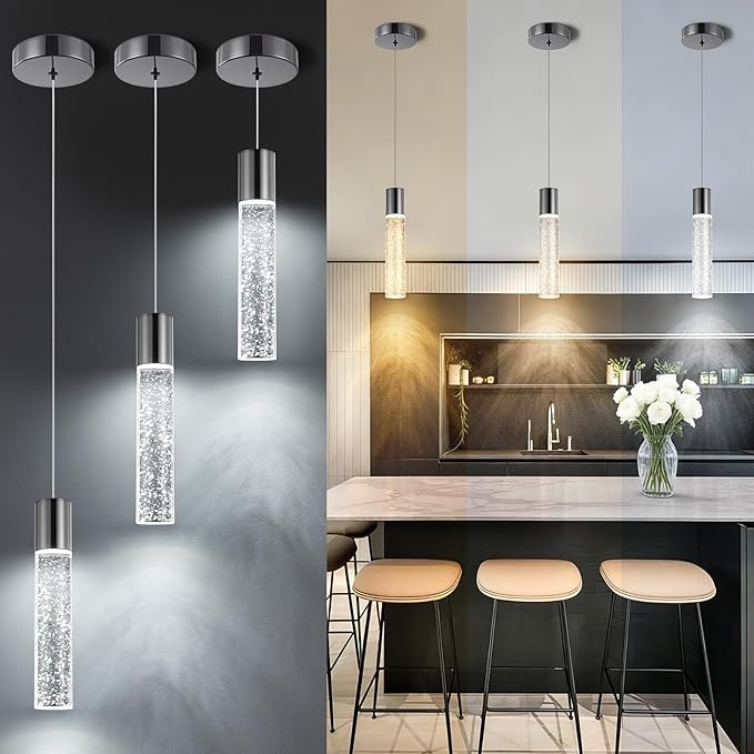 Pendant Lights Kitchen Island, 2700-6000K Modern Kitchen Island Lights,Black Dimmable Hanging Light Fixtures with Crystal Bubble, 12W LED Hanging Light for Dining Room, (3Pack)