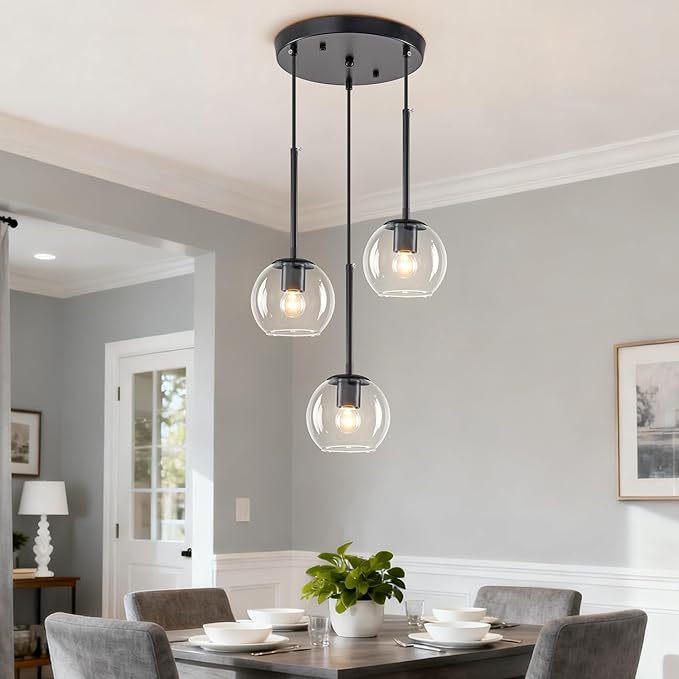 3-Light Black Modern Cluster Pendant Light, Adjustable Height Glass Globe Hanging Chandelier, E26 Base Ceiling Light Fixture for Kitchen Island Dining Room Living Room