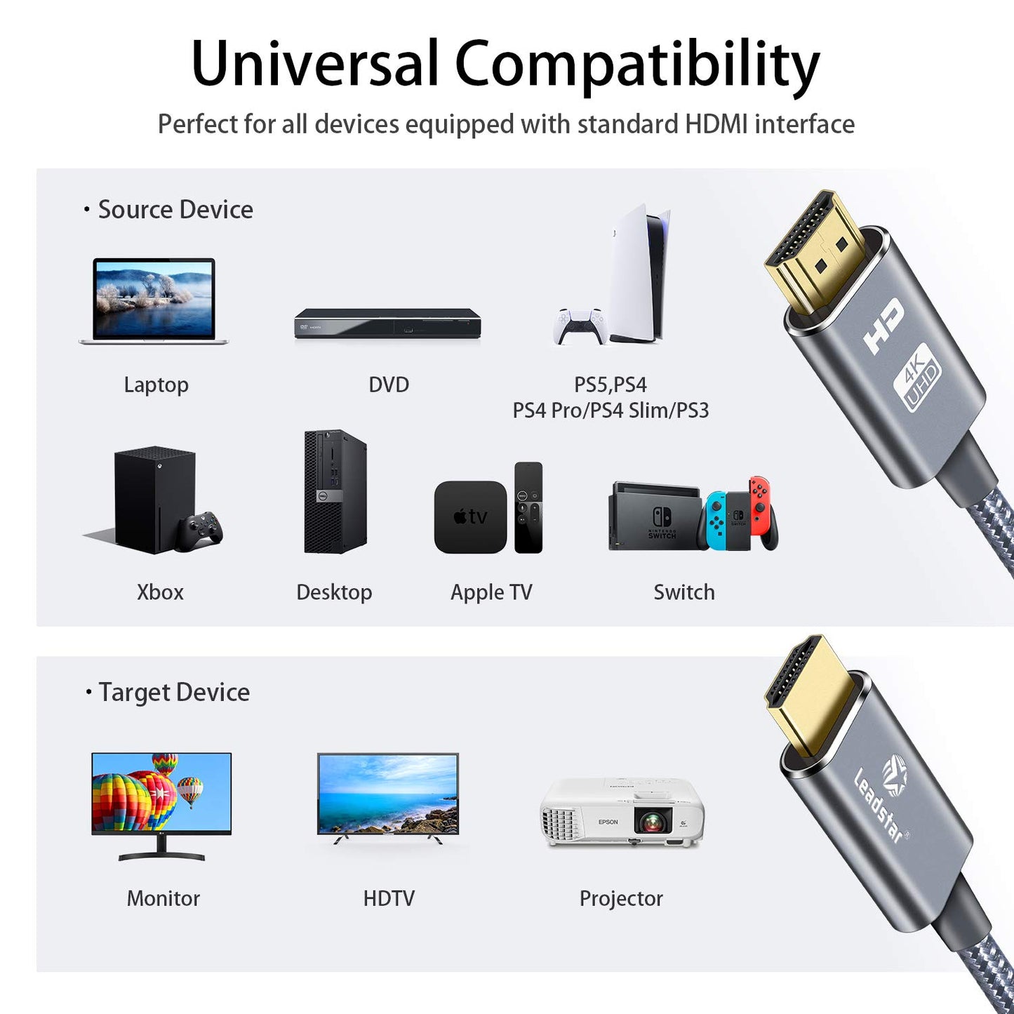 LEADSTAR HDMI Cable 4K 1 ft / 0.3m, High Speed HDMI 2.0 Cord Braided | 4K@60Hz, Ultra HD, 2160p, ARC, HDR, 3D, HDCP 2.2 | for Xbox, PS5, TV, Laptop, Monitor