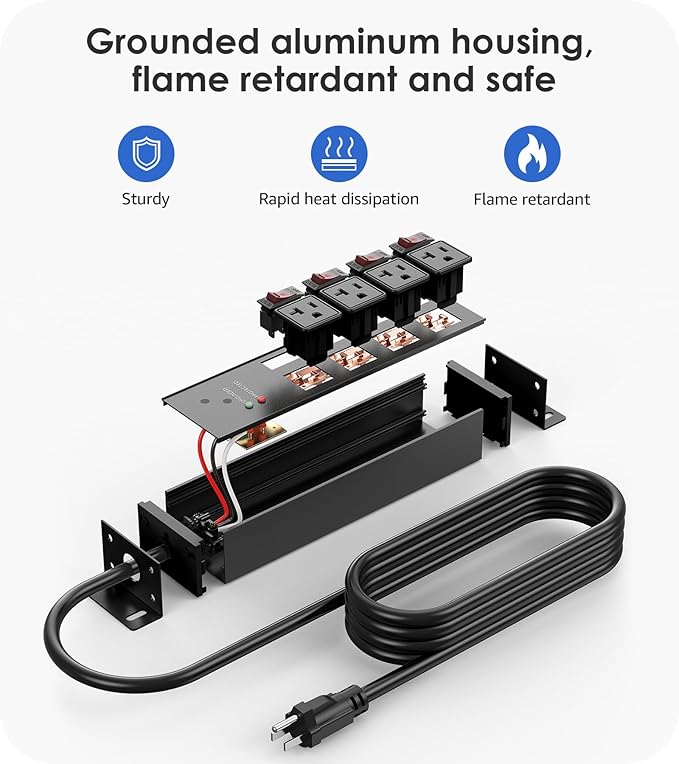 CCCEI Heavy Duty Surge Protector Power Strip 20 Amp Individual Switches. 4FT 12 Gauge Extension Cord with Multiple Outlets. Kitchen, Garage, Shop, Industrial Wall Mount Electric Extender, Black.