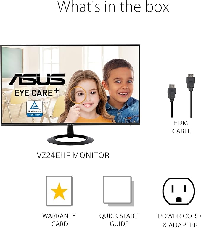 ASUS 24” (23.8-inch viewable) Eye Care Monitor (VZ24EHF) - IPS, Full HD (1920 x 1080), Frameless, 100Hz, Adaptive-Sync, 1ms, HDMI, Low Blue Light, Flicker Free, Ultra-Slim Profile, 3 Year Warranty