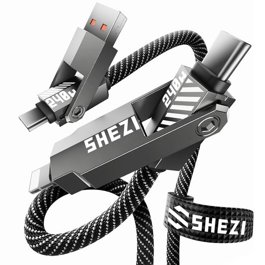 SHEZI Nylon Braided 4 in 1 USB C Cable 240W 5FT Compatible with Lightning Cable, Fast Charging for iPhone/iPad Charger Cord [480Mbps Data Sync],Multi Charging Cable with Type C/USB A, Grey