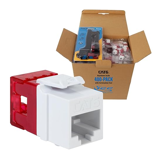 ICC CAT6 Keystone Jack with Slim Profile 180 Degree Punch Down, RJ45 UL Listed PoE++ TAA Compliant for Wall Plate or Patch Panel, Includes JackEasy Termination Tool, White 400 Pack