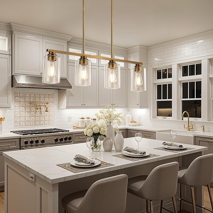 Island Light for Kitchen, Brushed Brass Dining Room Light Fixture Over Table, 4-Light Linear Chandelier Pendant Lighting for Dining Table Kitchen Island Living Room