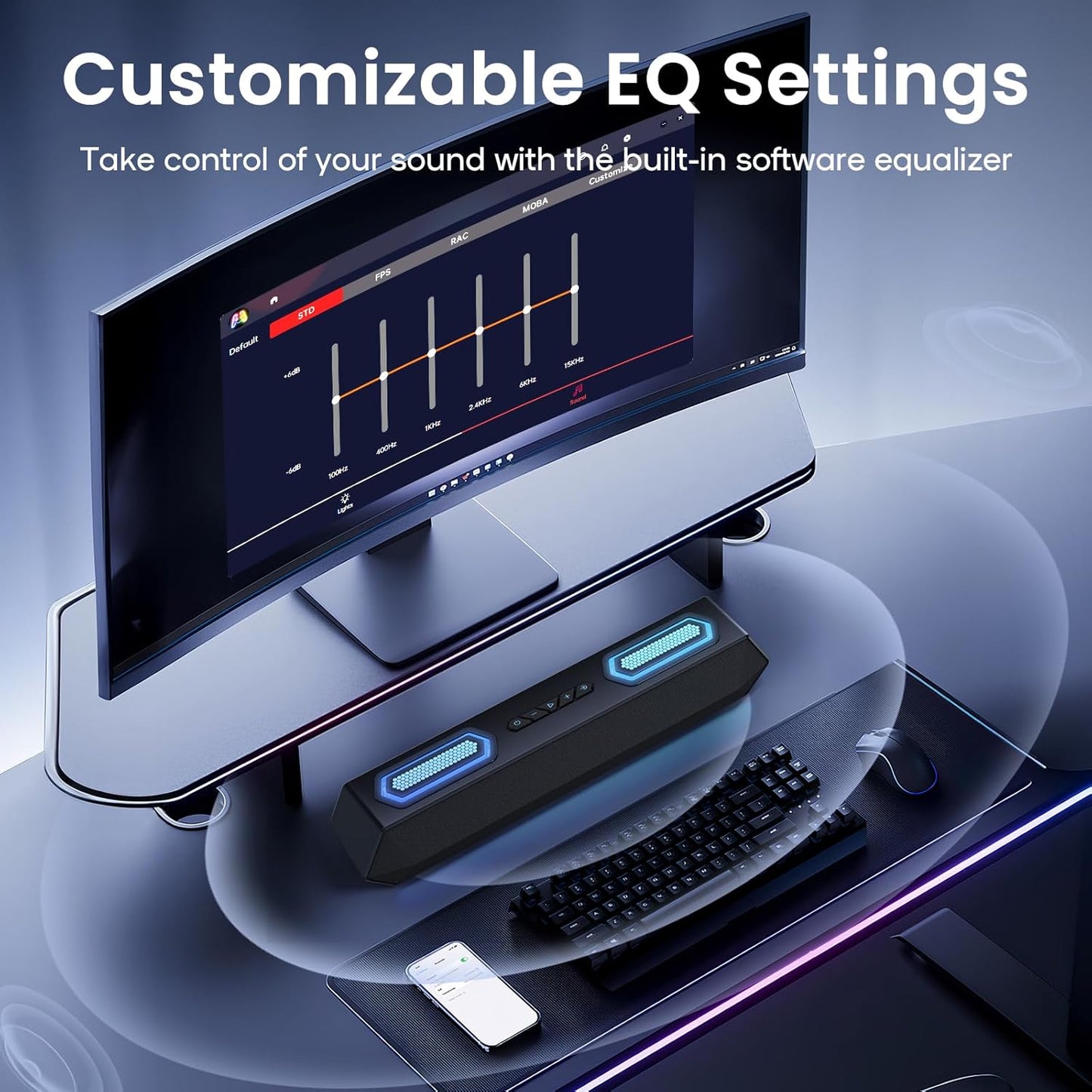 Deeyaple Computer Speakers, 40W Wireless Soundbar for Desktop PC with Bluetooth 5.3 & USB Audio, Dynamic RGB Lighting, Software Custom EQ, External Power Adapter Gaming Speakers, Laptop, Xbox Black