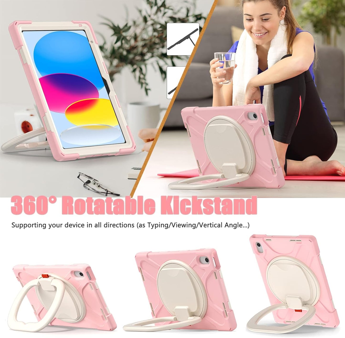 SCSVPN Case for iPad (A16) 11th Generation 11-inch 2025/10th Generation 10.9 Inch 2022, Full Body Shockproof Protective Kids Cover with Pencil Holder, Rotating Stand & Handle, Shoulder Strap - Pink