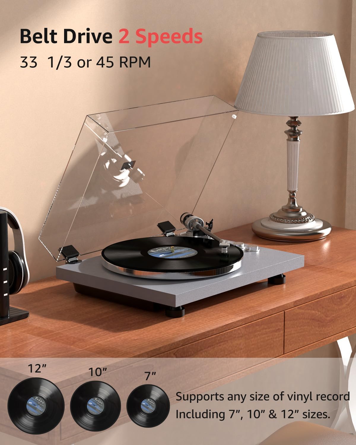 Turntable Record Player Wireless Output Carbon Fiber Tonearm Vinyl Player Aluminium Platter Belt-Drive LP Turn Tables 33 1/3&45 RPM Phono Level Audio RCA Line Output AT-3600L MM Cartridge Grey