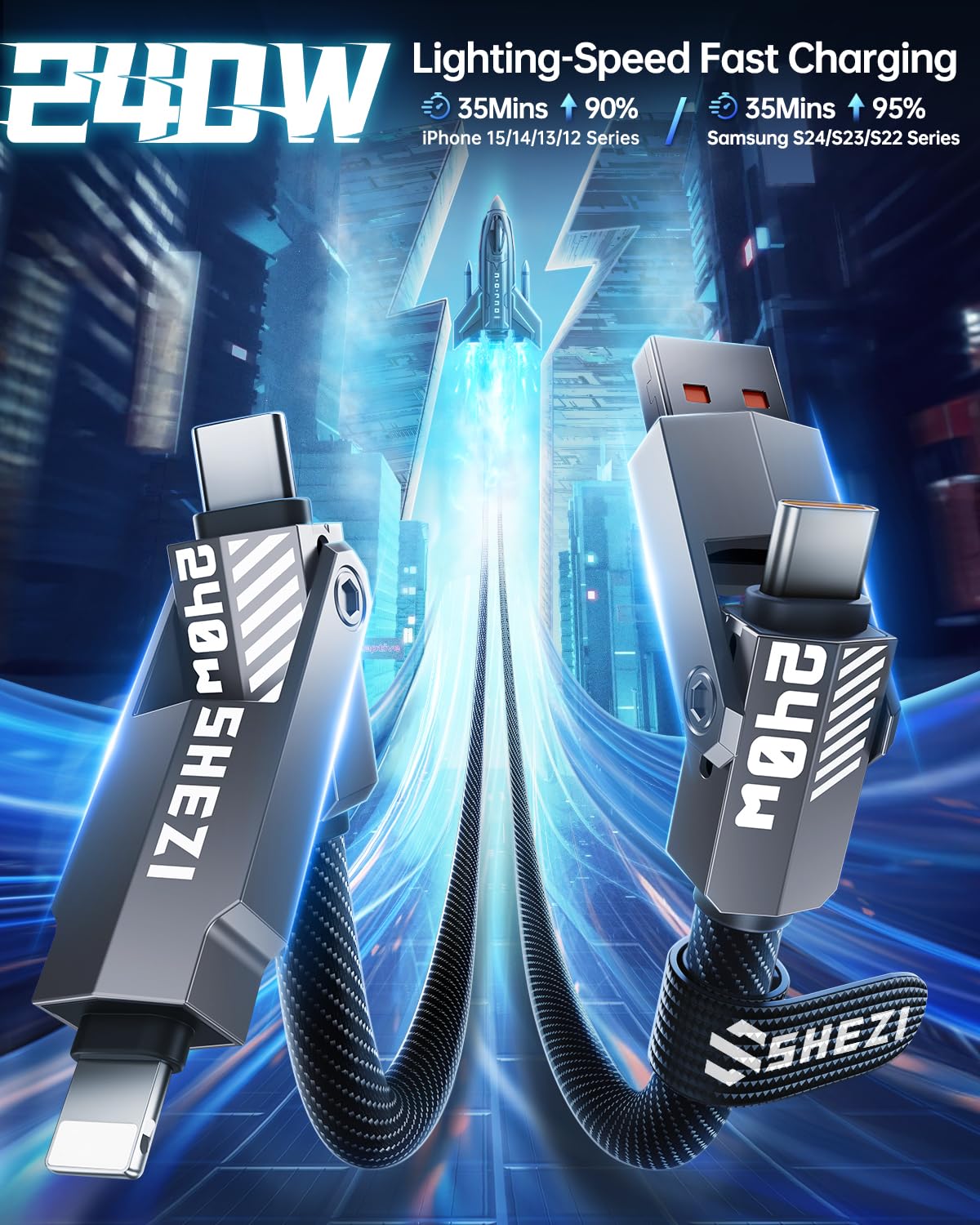 SHEZI Nylon Braided 4 in 1 USB C Cable 240W 5FT Compatible with Lightning Cable, Fast Charging for iPhone/iPad Charger Cord [480Mbps Data Sync],Multi Charging Cable with Type C/USB A, Grey