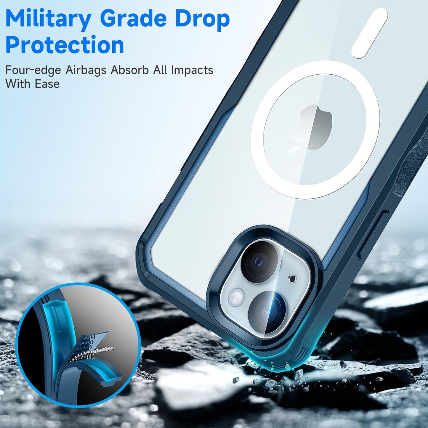 seacosmo for iPhone 15 Case, Full Body Bumper with Built-in 9H Tempered Glass Privacy Screen Protector and Camera Lens Protector, Compatible with MagSafe, Shockproof Phone Cover, 6.1", Blue