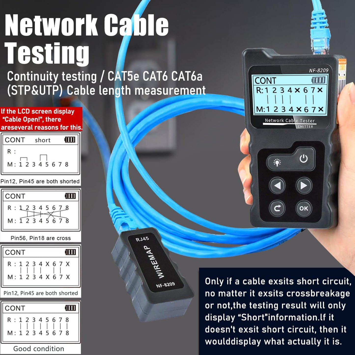 NF-8209 Network Cable Tester for POE Test/CAT5e/CAT6/CAT6a LAN Ethernet Wire Tracer,Detect Voltage Measure Fault Distance by TDR,Telephone Line Continuity Testing and Length Measurement