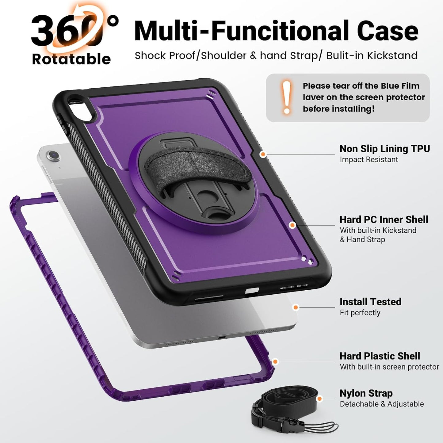 SCSVPN Case for iPad (A16) 11th Generation 11 Inch 2025 / 10th Generation 10.9 Inch 2022, Shockproof Protective Case with Screen Protector, Pencil Holder, Rotating Stand, Hand/Shoulder Strap - Purple