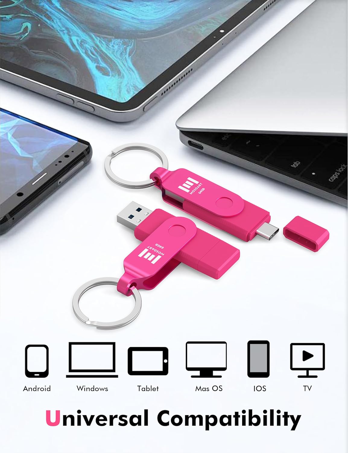 MOSDART 64GB USB3.1 Fast Speed C and A Dual Flash Drive, exFAT Memory Stick with Keychain and LED Indicator, for iPhone 15 and 16, Android Phone, iPad, MacBook, and Other Laptops, Hot Pink