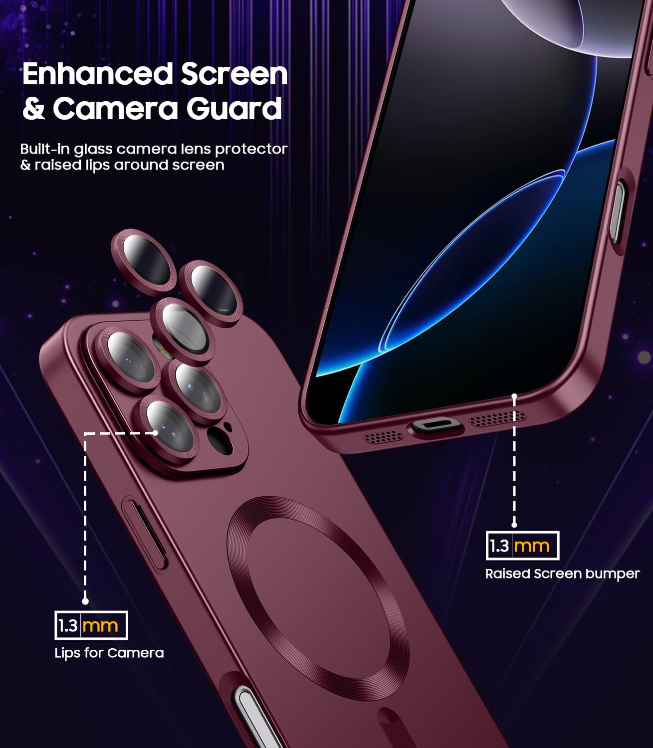 Magnetic for iPhone 16 Pro Case [Compatible with MagSafe][Built-in Camera Lens Protector] Slim Soft Silicone Bumper Shockproof Metallic Luster Phone Case (Burgundy)
