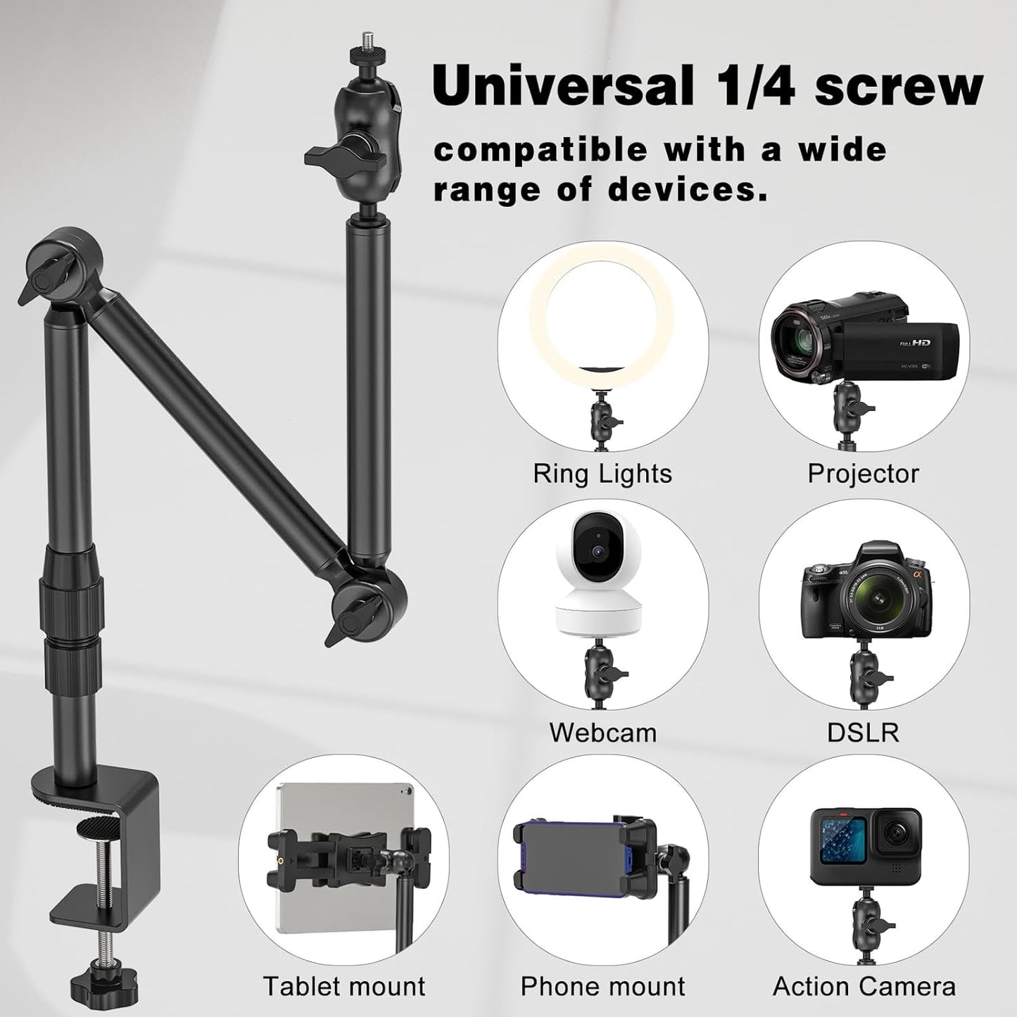 Overhead Camera Mount for Desk, 30.9" Foldable Camera Desk Mount Stand with 1/4" Screws, 360° Rotation 3-Sections Tabletop Holder with C-Clamp for DSLR, Digicam, Webcam, Mini Projector, Microphone