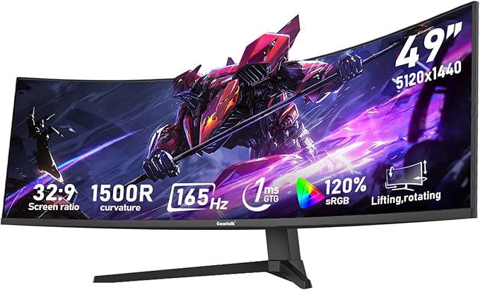 Gawfolk 49 inch Ultra-Wide Curved 1500R Gaming Computer Monitor, DQHD(5120×1440), 165Hz, 1MS, FreeSync, 120% sRGB, Height Adjustable PC Screen, HDMI2.1 & DP1.4, Compatible Wall Mount 100*100mm- Black