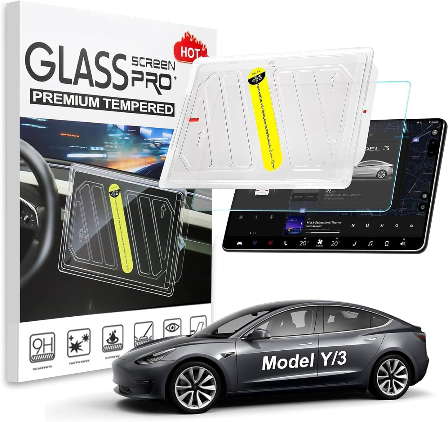 Screen Protector for Tesla Model 3 (2017-2023) / Model Y (2020-2024), Tesla Protector Accessories, Navigation Touchscreen Tempered Glass, Auto-Align Installation, Anti-Fingerprint