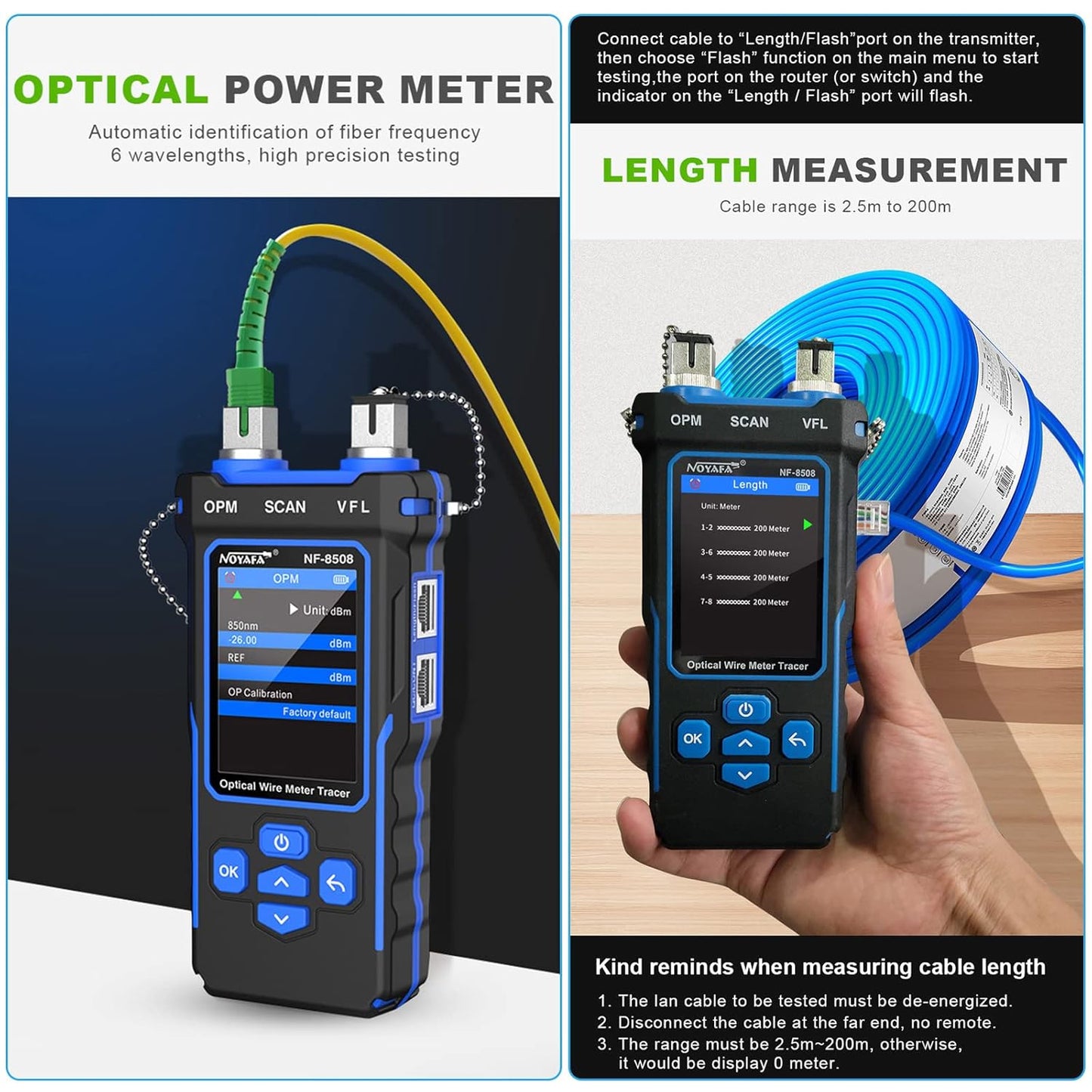 NOYAFA NF-8508 Network Cable Tester with Optical Power Meter, CAT5 CAT6 Cable Toner Ethernet Cable Tester, RJ45 Network Tester, VFL PoE QC Test Wire Tracer Port Flashing 200M Length Test
