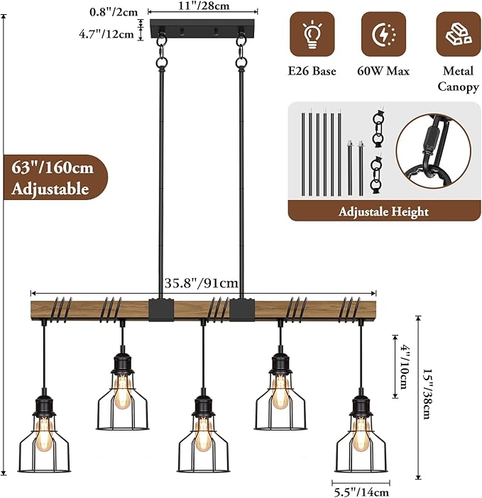 5-Light Dining Room Light Fixture, 63" Adjustable Height Pendant Lights Kitchen Island Black Metal & Rustic Wood Modern Linear Ceiling Chandeliers Over Table with E26 Base for Farmhouse Bar