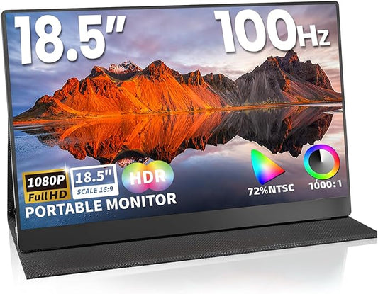 Portable Monitor 18.5 Inch IPS Display, FHD 1080p 100Hz 100% sRGB Laptop Screen Extender, HDR HDMI USB-C VESA Travel Monitor for Laptop PC Mac Phone, PS4/5, Xbox, Switch