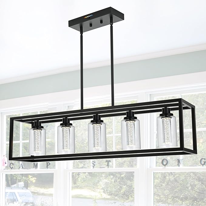MELUCEE Dining Room Light Fixtures Over Table, 5 Light Black Kitchen Island Lighting LED Pendant Light, Linear Bubble Crystal Chandelier with Clear Glass, Built in LED chips 5-Color Temperature Adjust