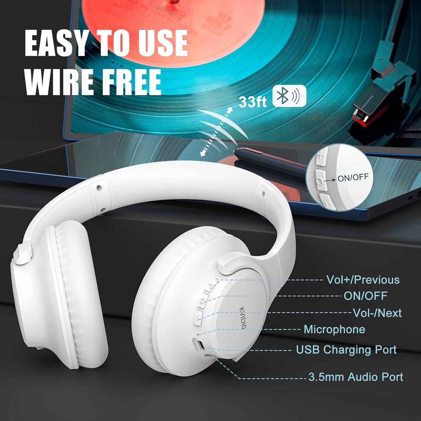 KVIDIO Bluetooth Headphones Over Ear, 65 Hours Playtime Wireless Headphones with Microphone, Foldable Lightweight Headset with Deep Bass, HiFi Stereo Sound Low Latency for Laptop PC Cellphone