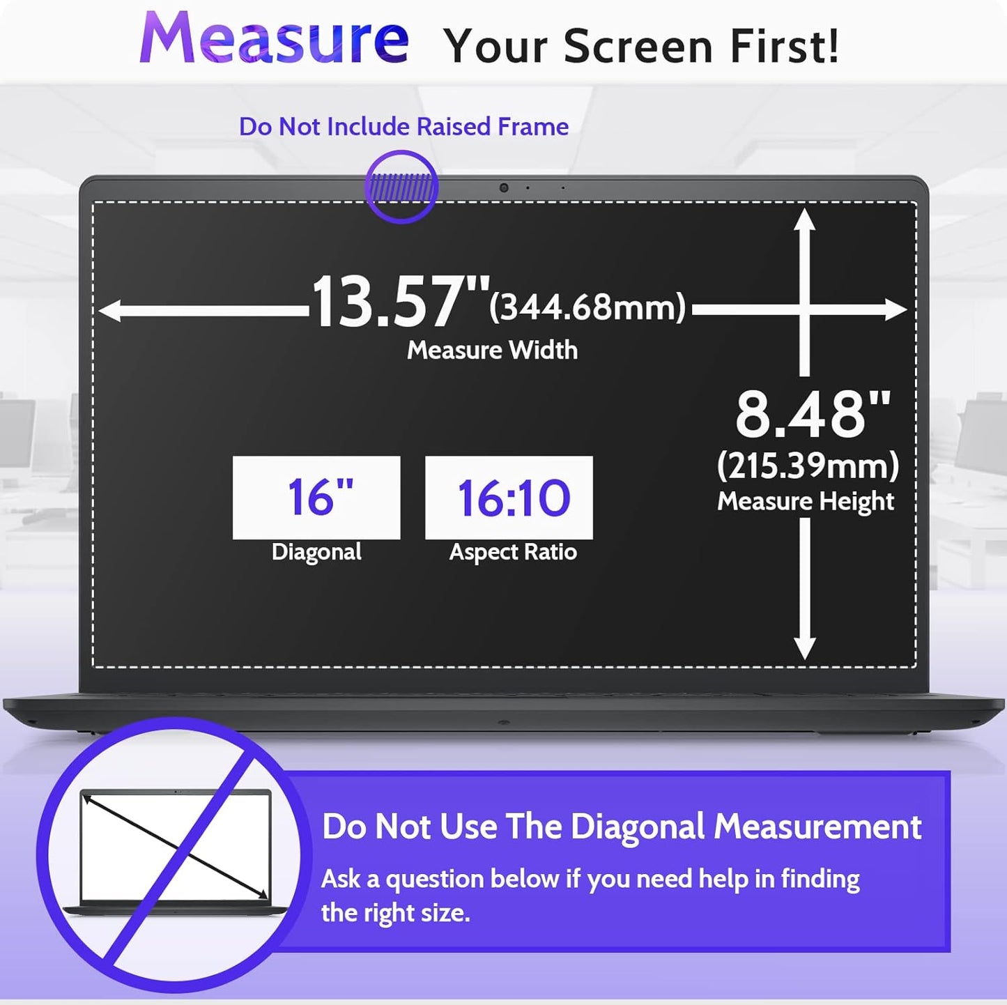 16 Inch Laptop Privacy Screen Compatible with Lenovo Hp Dell Acer Asus Thinkpad Envy Xps Computer 16:10 Aspect, Removable Anti Glare Blue Light Filter Protector, 16" Monitor Security Shield