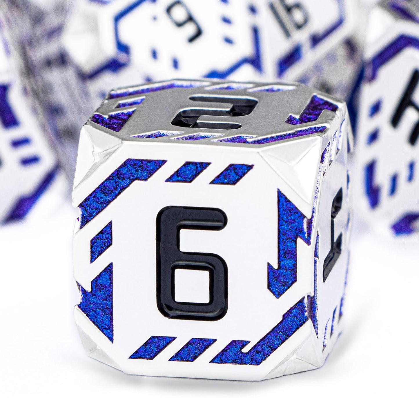 Metal DND Sci-fi Dice Set 7PCS Stripe Polyhedral Dice for Dungeons Dragons RPG Role Playing Game, Glitter D and D Dice with Gift Box D6 D8 D10 D12 D20 (Silver Blue)