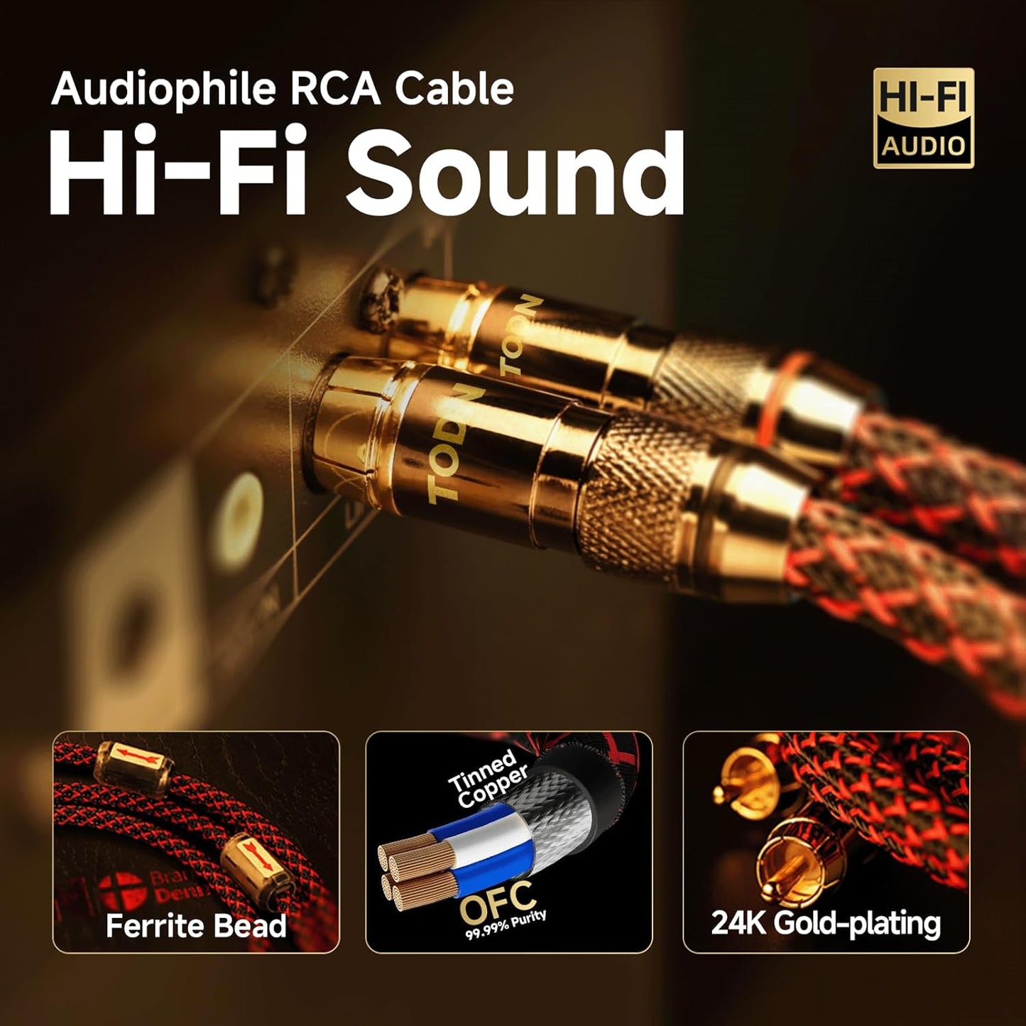 TODN HiFi RCA Cables, Audiophile 2 RCA Male to Male Shielded Audio Cable for Home Stereo Systems, Premium 4-Core Oxygen-Free Copper (4.9ft/1.5m, 1 Pair)