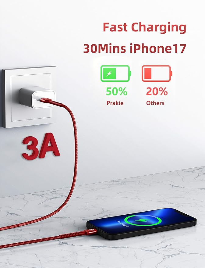 USB to USB C Cable 3A Fast Charging [2 Pack, 6FT], USB A to USB C Charger Cord, Upgraded Extra Durable Braided USBC Cable Compatible with iPhone 17 16 15 Pro Max,Samsung Galaxy S10 and More-Red
