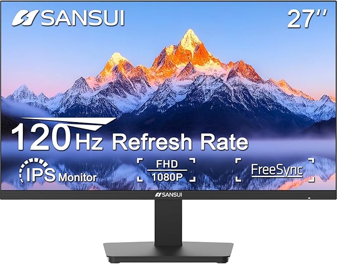 SANSUI 27 Inch Monitor, IPS 120Hz Computer Monitor Full HD 1920 x 1080P with HDMI DP Interfaces, Eye Care, Frameless, 100 x 100mm VESA Mountable (HDMI Cable Included)