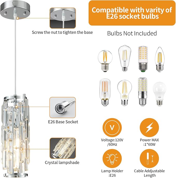 Pendant Lights Modern Chrome Pendant Light Mini Crystal Chandelier Pendant Lighting for Kitchen Island Dinning Room Bedroom Kitchen Sink Lighting (Chrome 3-Pack)