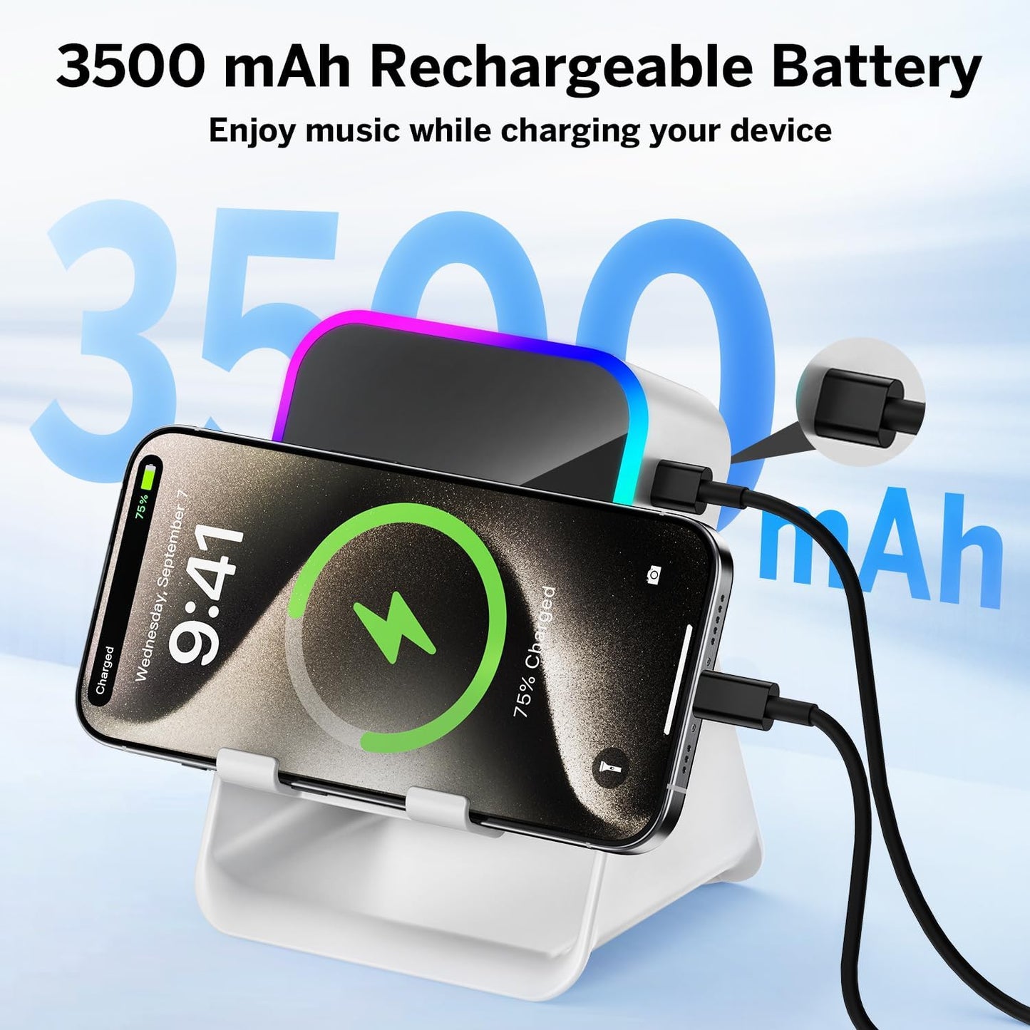 Wireless Induction Speaker 5-in-1 Bluetooth Speaker with Phone Stand,Stereo Sound, 3500mAh Rechargeable, 8 RGB Ambient Light, 360° Adjustable Holder for iPhone/Android/iPad,Gifts for Men Women (White)