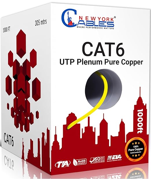 NewYork Cables CAT6 Plenum Cable 1000ft | 100% Solid Bare Copper, UTP, 550MHz, 23AWG, 4Pair 10GB Ethernet Cable, Certified CMP-Rated Bulk Cat 6 for Networking & Gaming (1000ft, Pure Copper,Yellow)