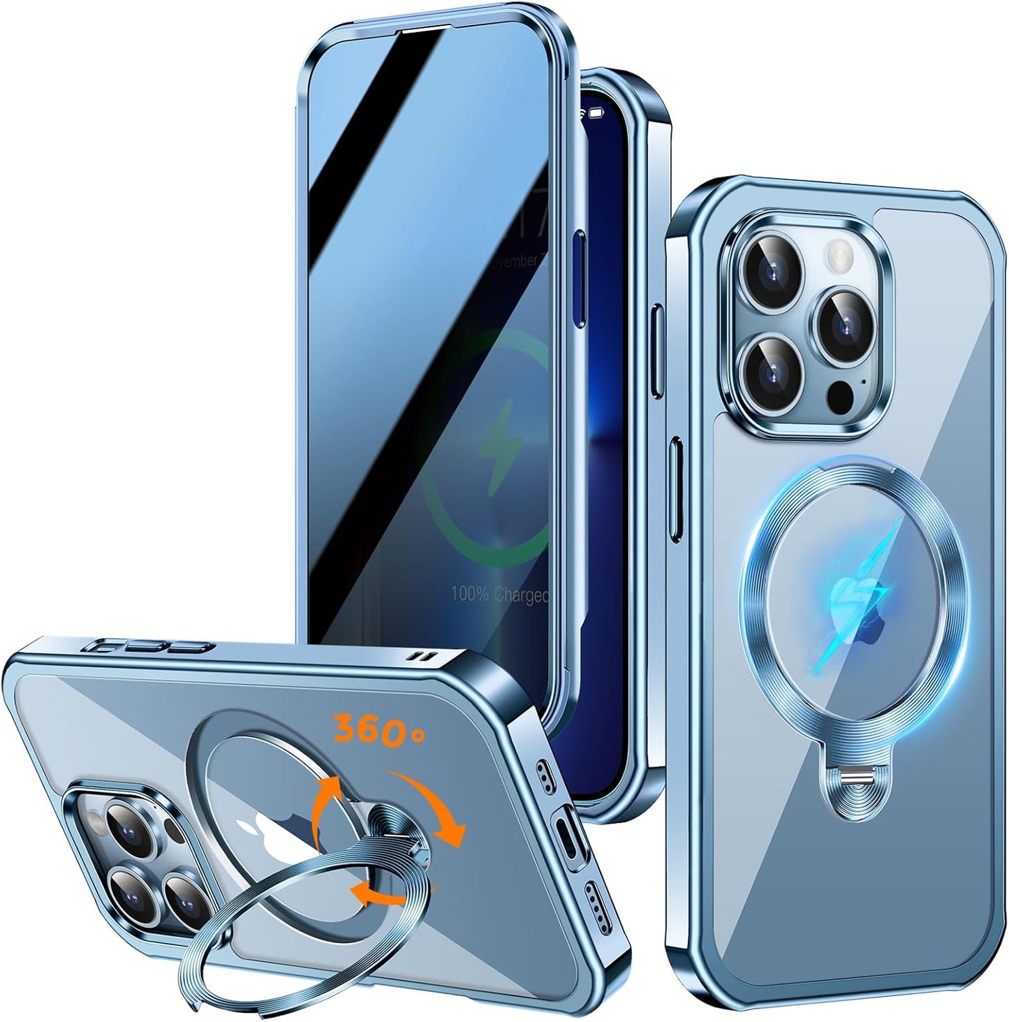 [360° Rotatable CD Stand & Built-in Privacy Screen Magnetic Case for iPhone 13 Pro Max [Compatible with MagSafe & Full Signal] Shockproof Full Body Anti-Spy Cover for 13 Pro Max-Sierra Blue