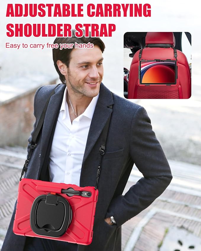 BRAECN Case for Samsung Galaxy Tab S10 Lite/S10 FE 2025 & S9 FE/S9/S8/S7 10.9/11 Inch | Heavy Duty Protective Silicone Cover with Kickstand, Shoulder Strap & S Pen Holder Support S Pen Charging, Red