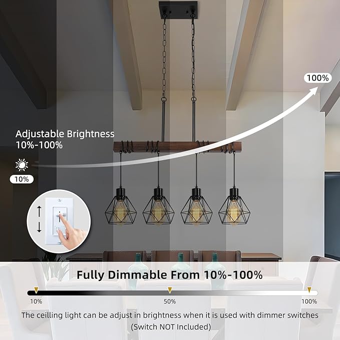 4-Light Modern Farmhouse Chandelier for Dining Room - Black Metal & Rustic Wood Kitchen Island Lighting with Adjustable Height, 29.5" Linear Pendant Light Fixture with Diamond Shades, UL Listed