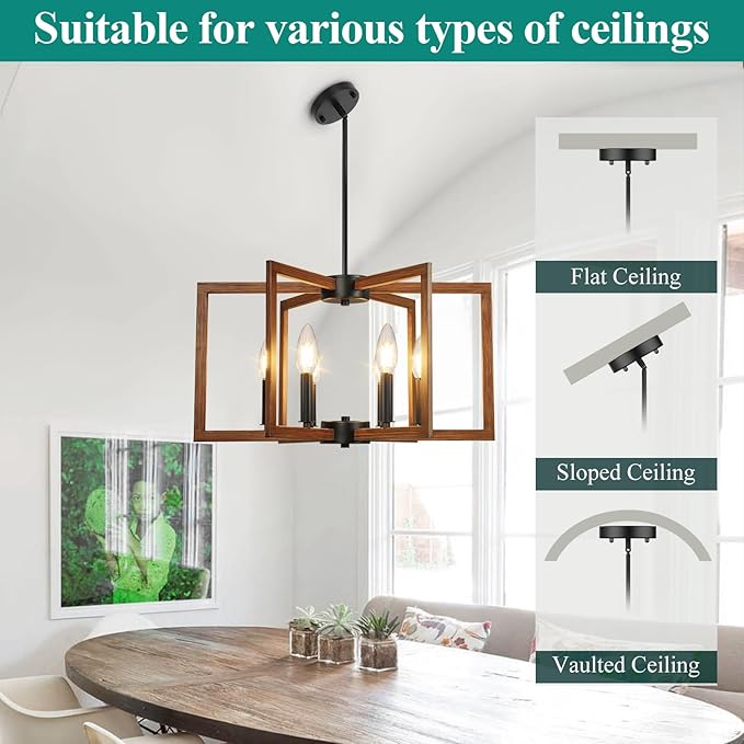6-Light Wood Grain Chandelier, Farmhouse Dining Room Light Fixture, Modern Chandelier, Geometric Industrial Metal Hang Lighting Fixture for Foyer Entryway Kitchen Over Table Hallway Living Room