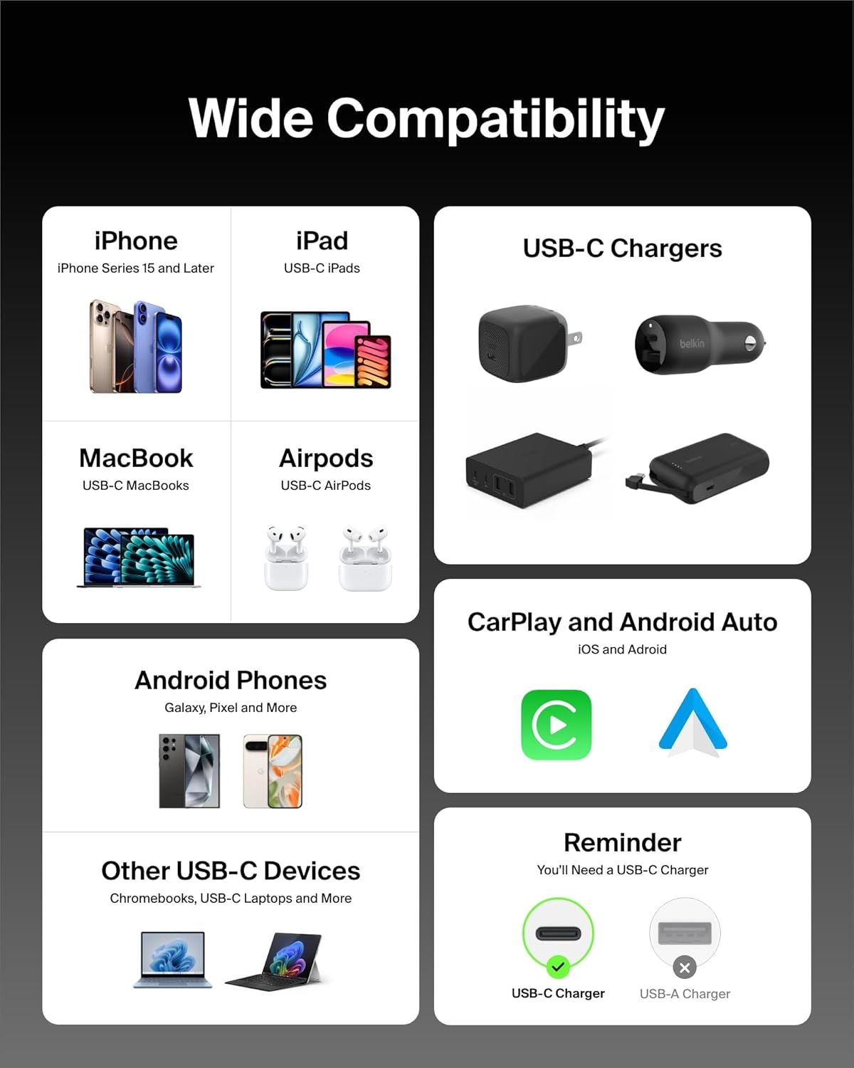 Belkin USB C to USB C Cable, 6.6ft, 60W - Type C Charger, iPhone Charger Cord, Soft, Braided, Flexible for iPhone 16, Galaxy S25, Pixel 9, Airpods, iPad Pro, Tablet & More, Travel Essentials - Black