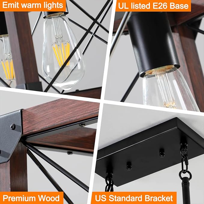 Farmhouse Lighting Dining Room Light Fixture, Farmhouse Chandelier, Kitchen Island Lighting, Rustic 5 Light Pendant Chandeliers, Country Wood Island Lights-Walnut