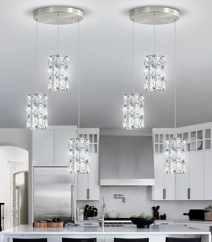 3-Lights Modern Crystal Pendant Lights for Kitchen Island LED Dimmable Glam Pendant Lighting Chandelier for Dining Room Hallway Corner Lamp Nickel