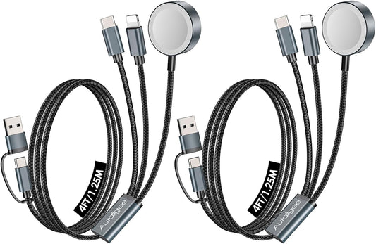 2Pack 4FT Upgraded 3 in 2 Multi Charging Cable for Apple Watch Charger Travel Essentials iWatch Charger Fast Charging Compatible with iWatch Ultra/SE/10/9/8/7/6/5/4/3/2/1,iPhone16/15/14/13/Galaxy S24