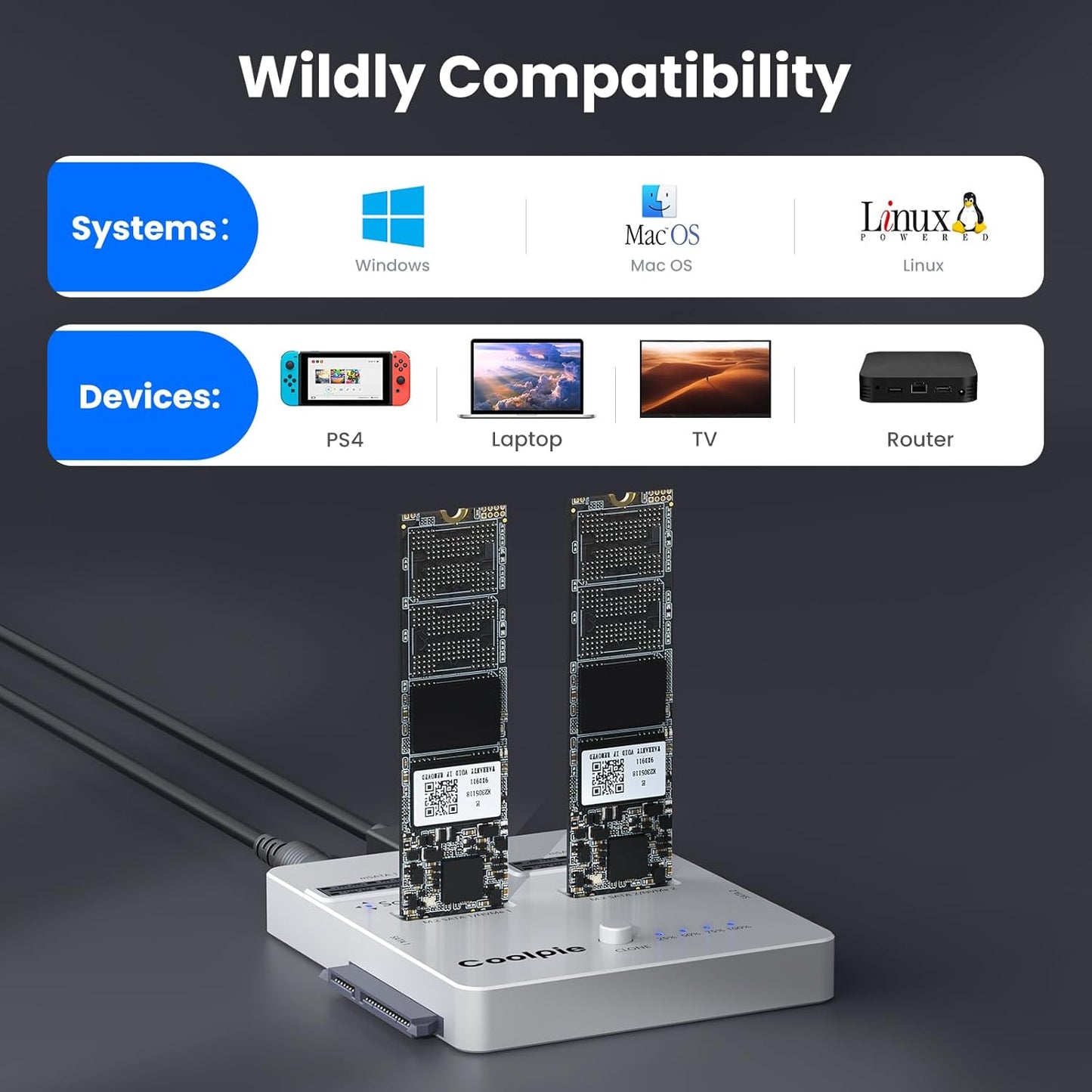 CR311 3-in-1 SSD Cloner, USB3.2 Gen2*2 M.2 Reader, Supports M.2 NVMe/SATA, SATA 2.5''/3.5'' HDD