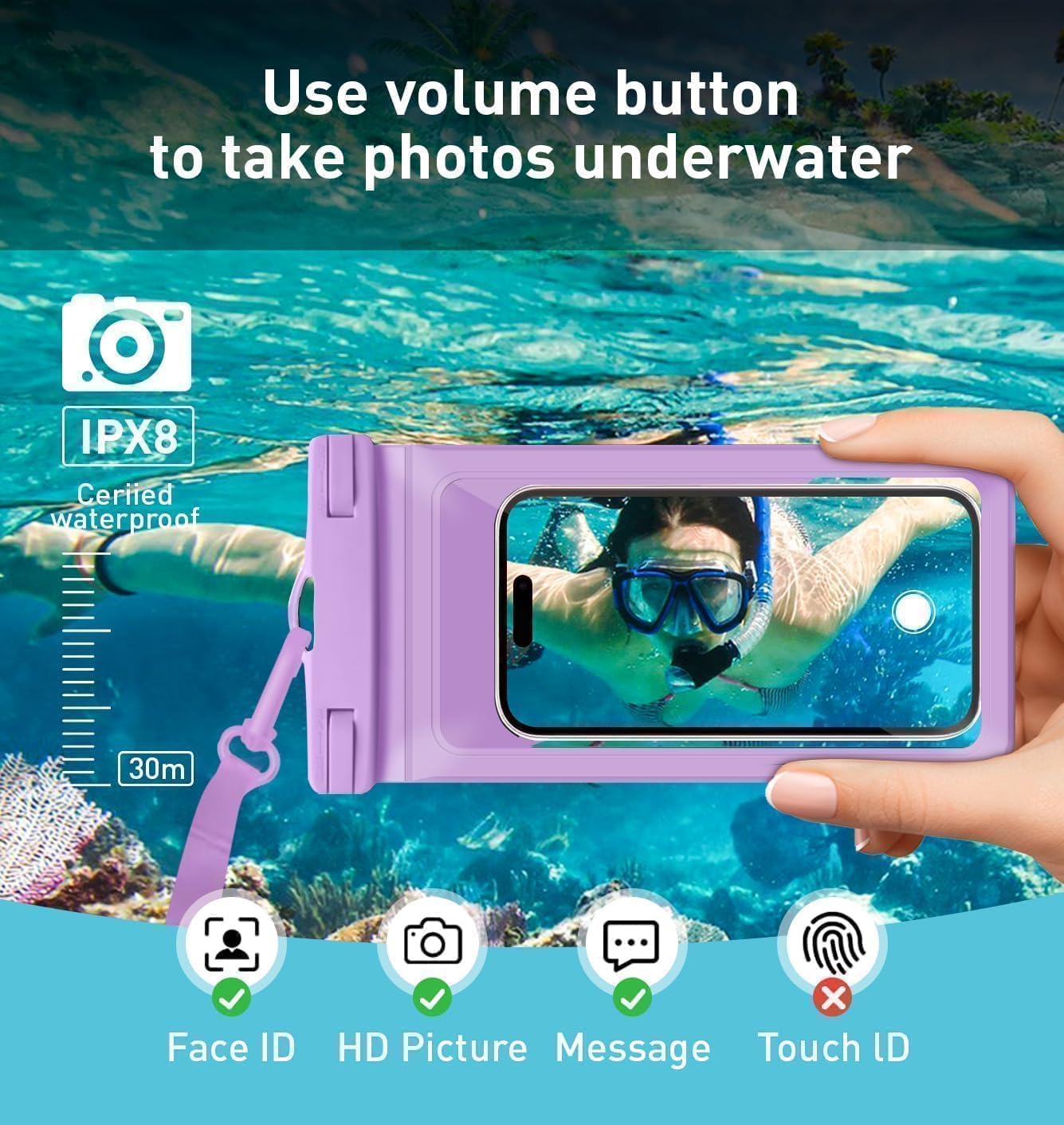 Universal Waterproof Phone Case, with Inside Card Holder, Large Dry Bag Compatible for iPhone 16 15 14 13 12 Pro Max XS Plus for Galaxy S22, IPX8 Beach Travel Essentials, 1 Pack-Purple-8.3″