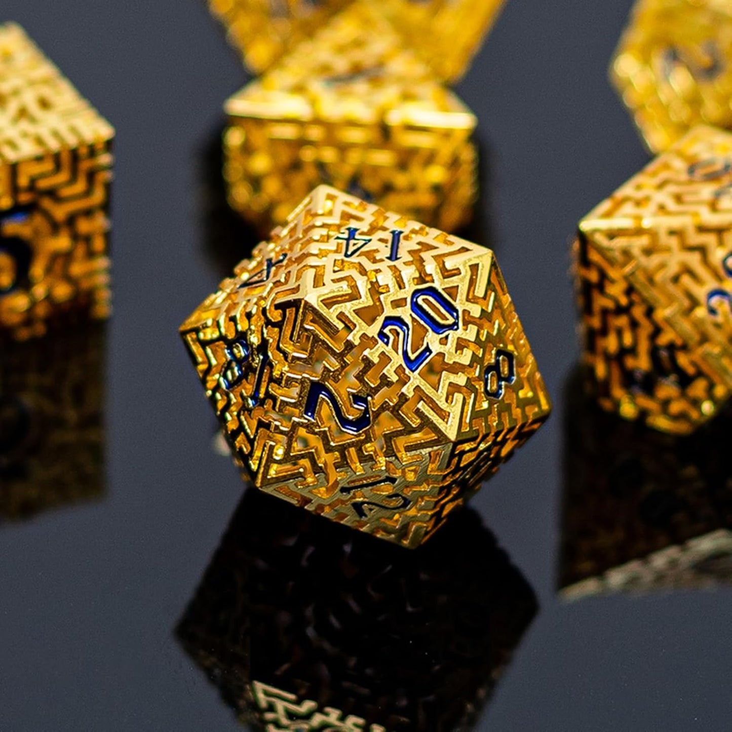Golden Metal Hollow DND Dice Set (Paladin) Metallic Luster Maze Design with Storage Box - Balanced Weight 7 Piece Zinc Alloy, Designed for Dungeons and Dragons DM Player RPG Accessories