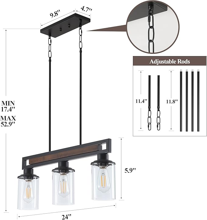 Farmhouse Dining Room Light Fixture, 3-Light Wood Kitchen Island Lighting for Dining Room Over Table, Black Adjustable Pendant Light with Clear Glass Shades, Linear Chandeliers Lighting for Kitchen
