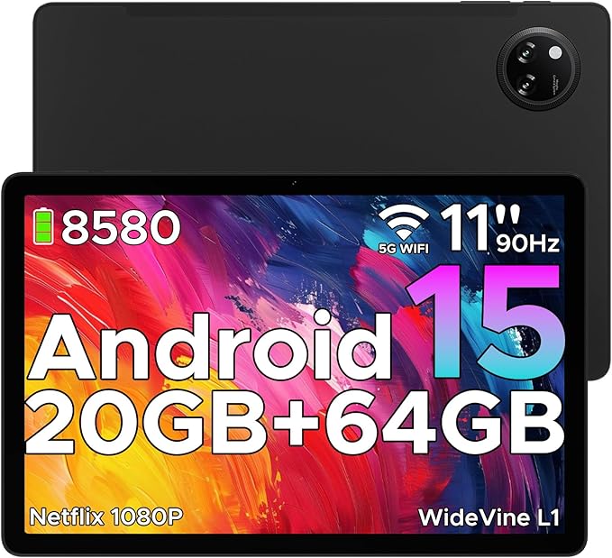 DOOGEE Tab A9+ 11 inch Tablet with 90Hz,8580mAh,20GB+64GB/2TB Octa Core Android Tablet,7.9mm Ultra Thin Gaming Tablets,13MP+5MP,Dual Speakers,Bluetooth 5.0,Face ID,5G WiFi,FM,Widevine L1,GPS,Black