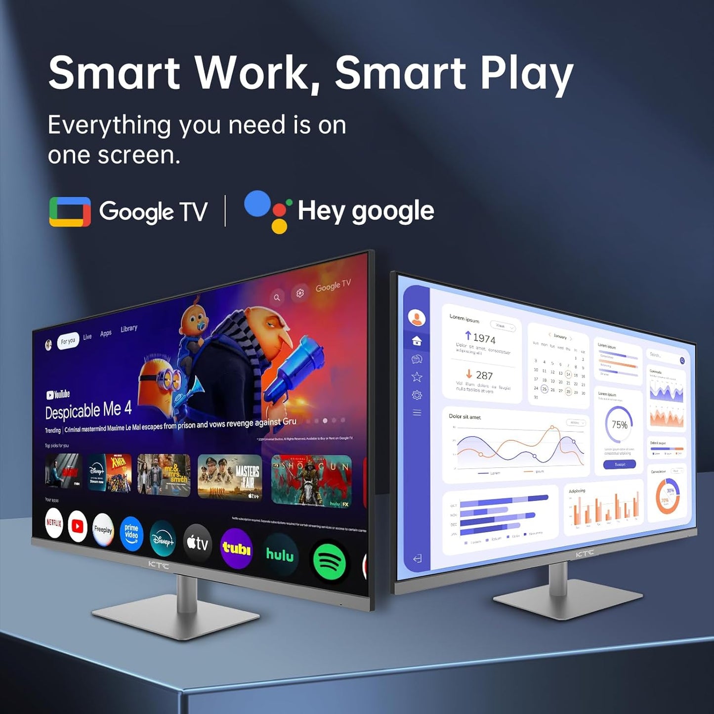 KTC 32 Inch 4K Smart Monitor with Google TV System 3840 * 2160P Netflix Licensed Type C 65W PD Speakers 5W*2 Dolby Audio Hey Google Voice Remote HDR WiFi Bluetooth VESA Tiltable 32 in Smart TV