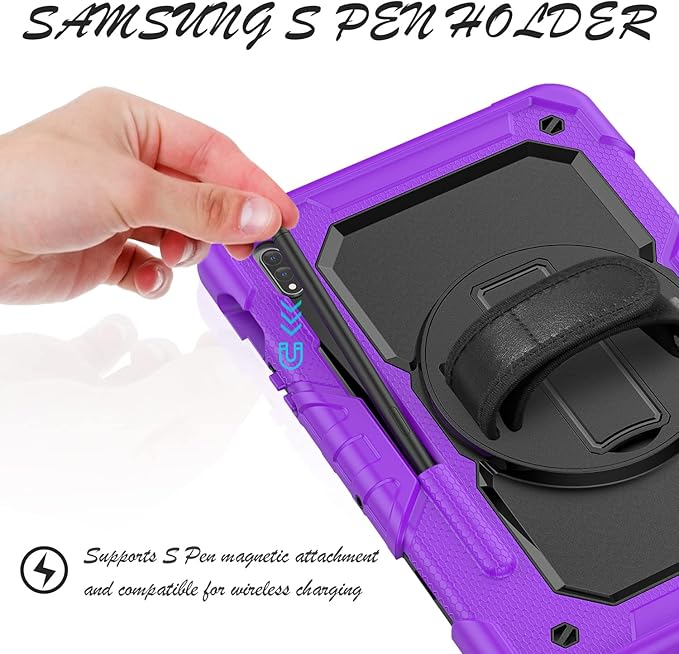 Case for Samsung Galaxy Tab S8/S7 11-inch 5G Tablet Case 2022/2020, [with 9H Tempered Glass Screen Protector], Rotating Kickstand, Hand & Shoulder Strap, S Pen Holder (Purple)