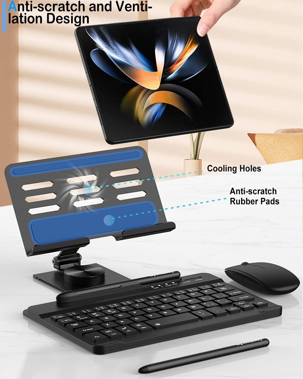 for Samsung Galaxy Z Fold 7 6 5 4 All Fold Smartphones Bluetooth Keyboard and Mouse Set, Portable Travel Keyboard Adjustable Foldable Aluminum Alloy Stand Holder with Pen for 4.7"-8.5" Mini Tablets